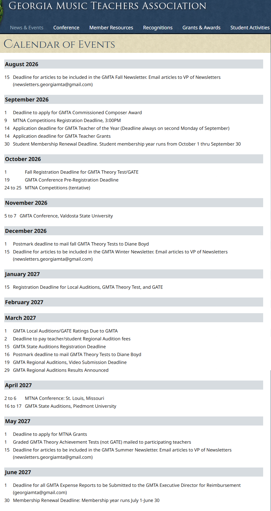 Calendar of Events GMTA GMTA calendar 2026-2027